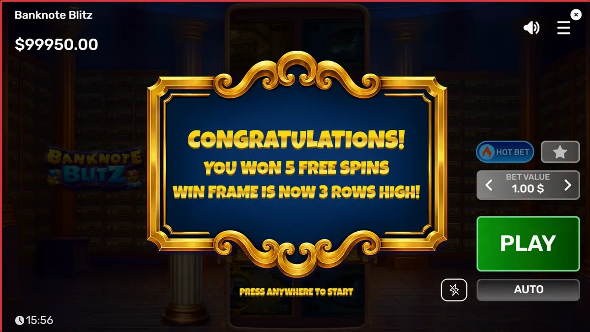 Interface luxuosa de cofre bancário no slot Banknote Blitz