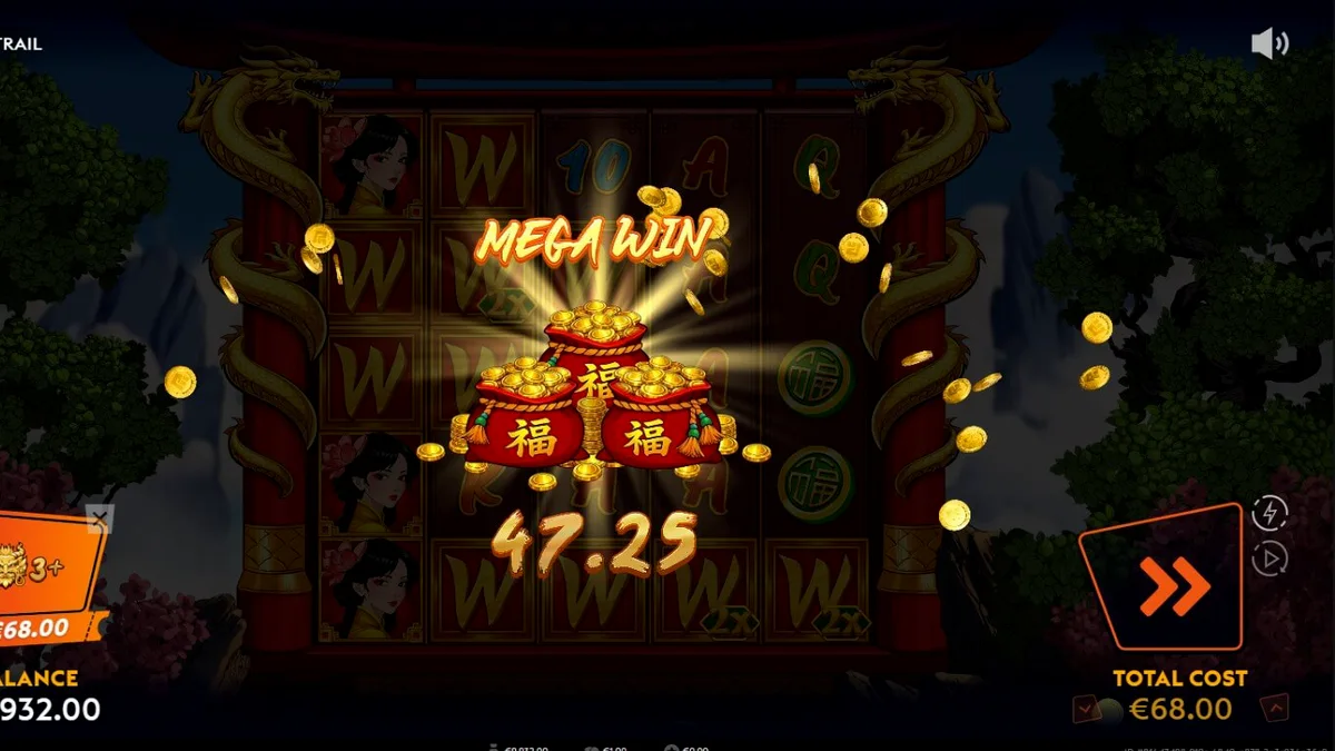 Interface do jogo Dragon Trail com dragões dourados e pagode chinês