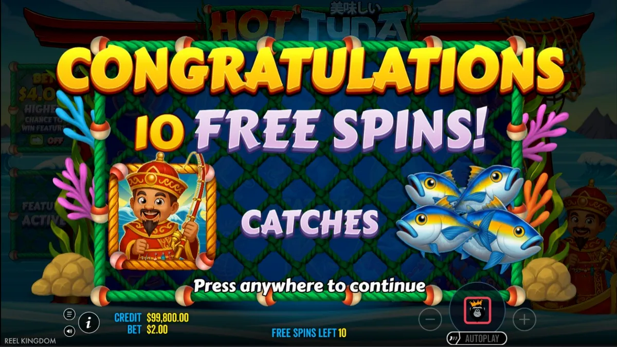 Interface do jogo de slot Hot Tuna com tema de pesca e pescador